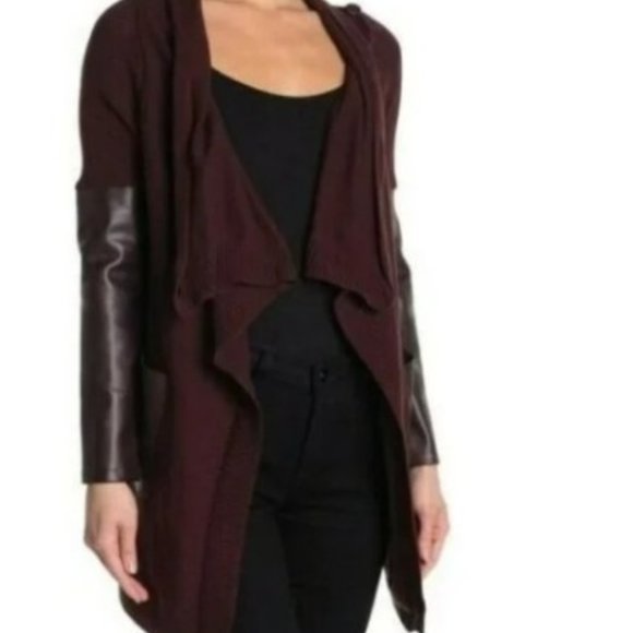 BLANKNYC Burgundy Wrap Cardigan w/ Faux Leather Sleeves & Pockets sz S  /B7 - Picture 1 of 11